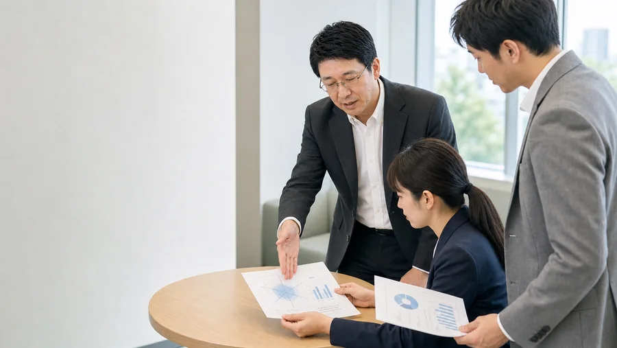 診断レポートを手のひらで示しながら受講者へ助言する様子