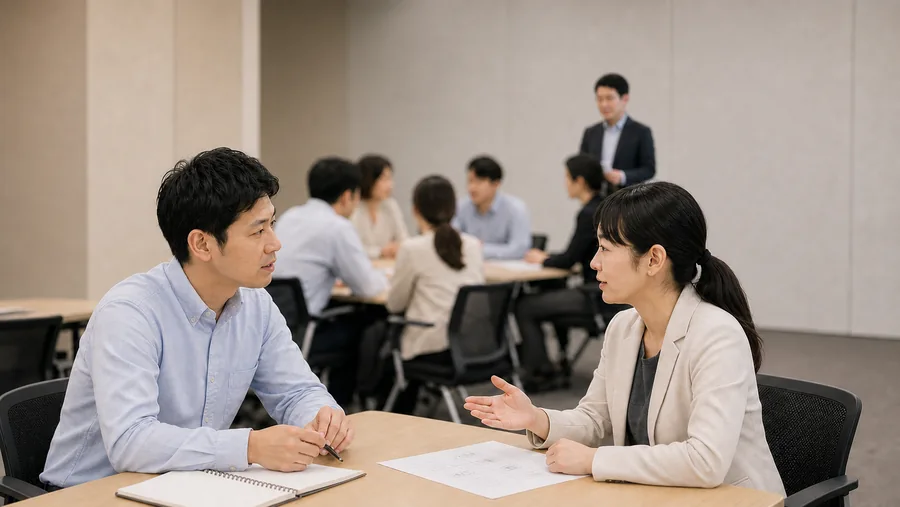 顧客対応のロールプレイに取り組む受講者を奥から講師が見守る様子