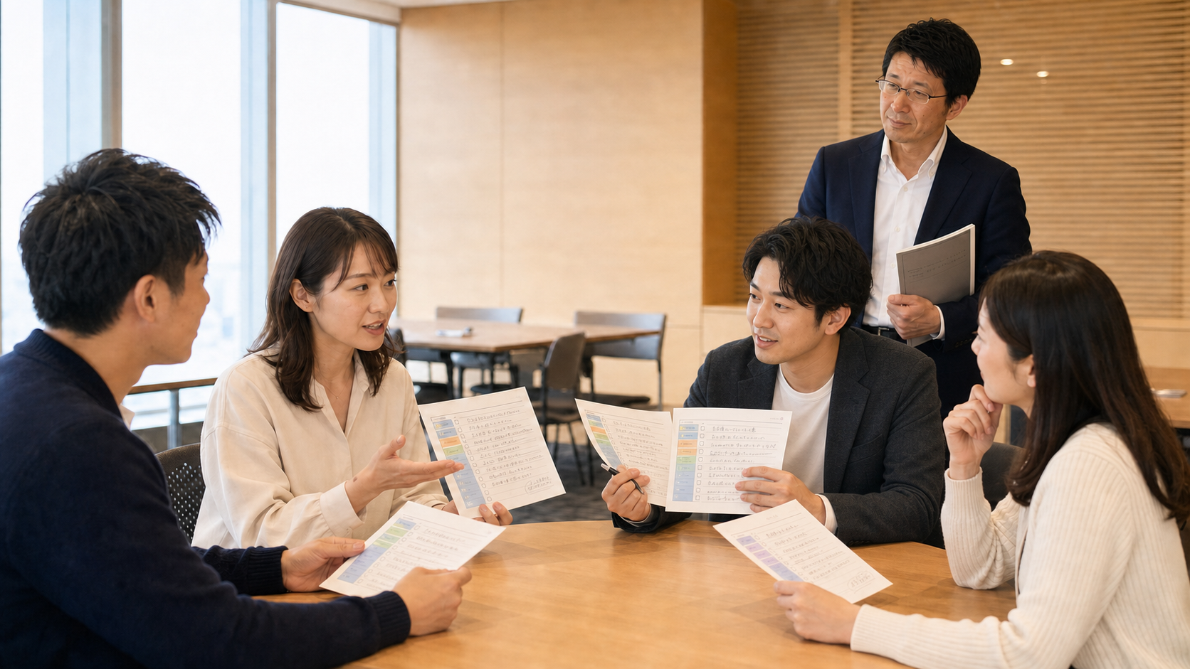 コメントシートをもとに、受講者同士が実践を振り返りフィードバックする様子