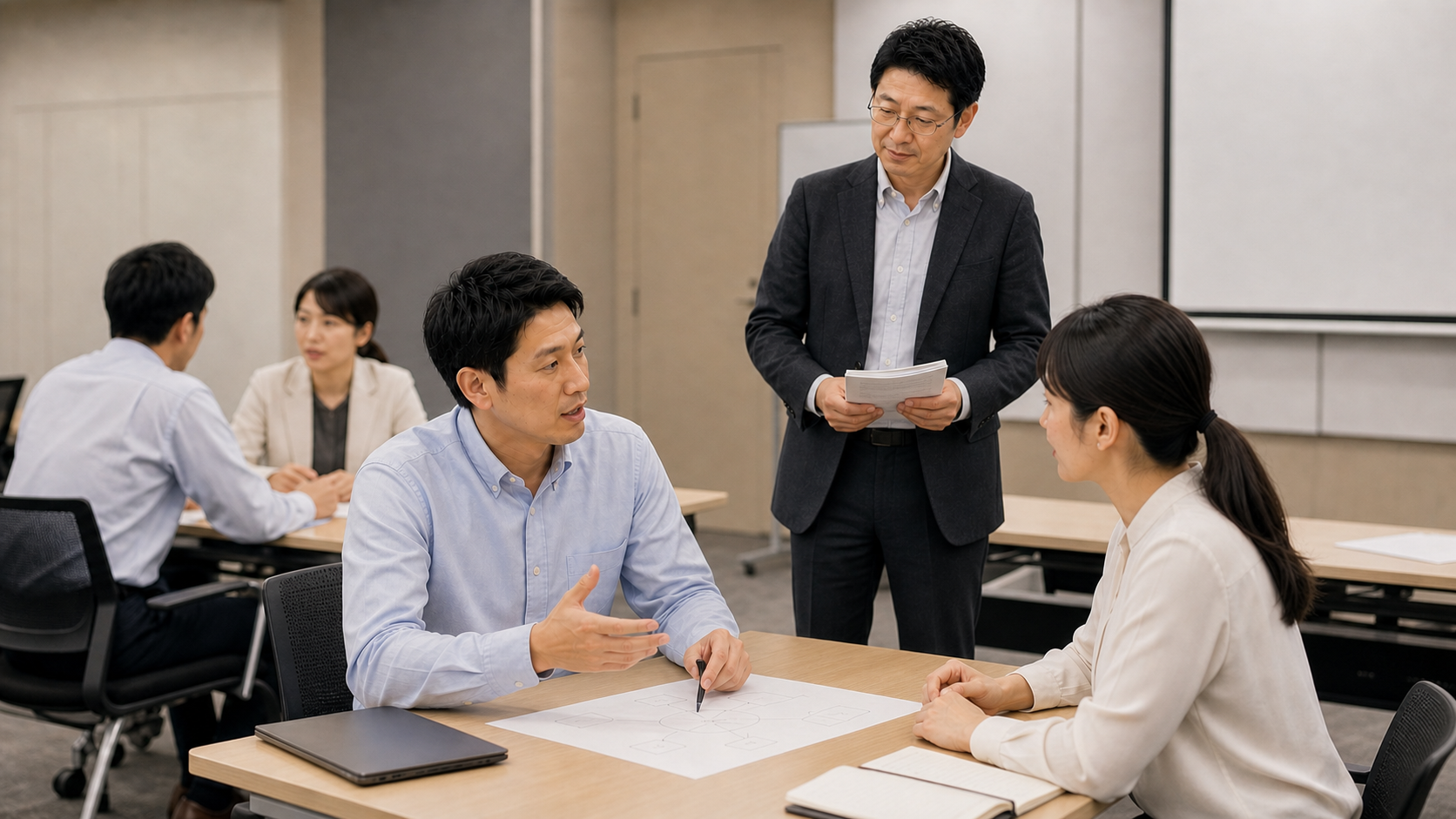 技術的な内容を顧客役へ説明するロールプレイを見守る講師