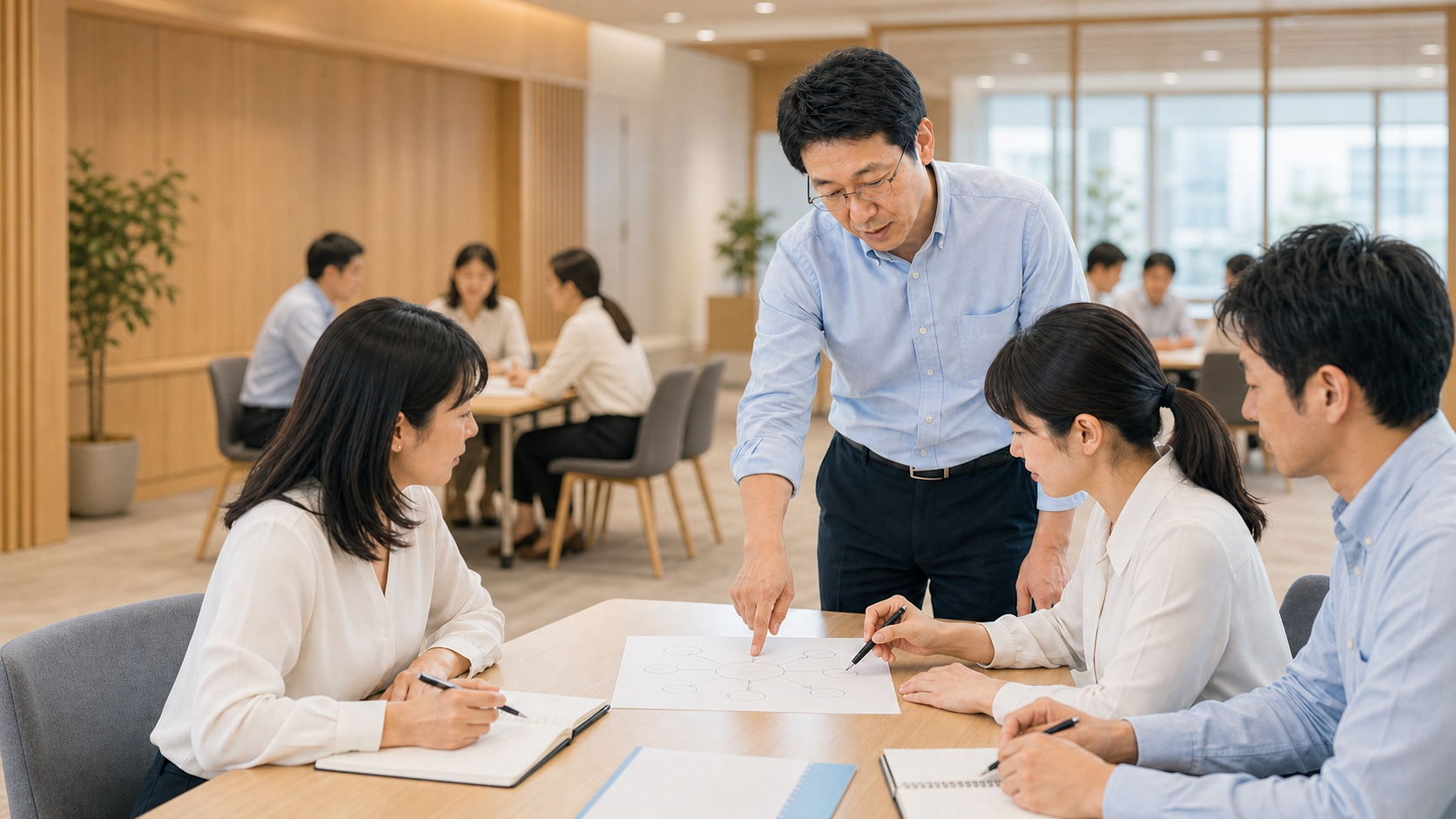 思考マップを使い、考えを言葉にする練習を支援する講師